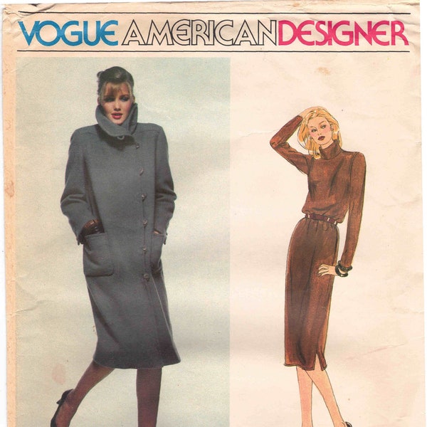 Vogue American Designer John Anthony Coat & Dress Pattern Size 10 Bust 32.5. Asymmetrical Closing, Below Knee Coat and Turtleneck Dress.