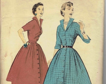 1950s Easy Shirtwaist Dress with Standing Wing Collar, Full Skirt,  and Pockets. Advance 8239 Pattern. Size 10 Bust 31 in. Waist 24 in.