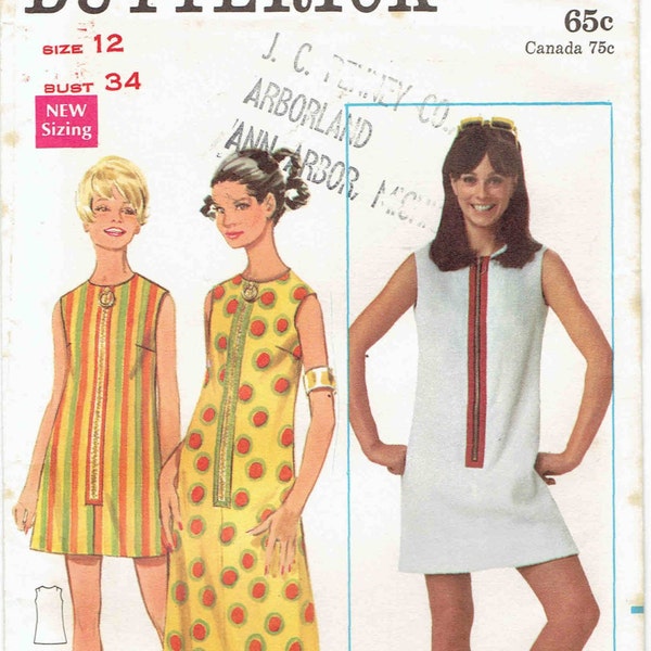 60s A-Line Dress Pattern Butterick 4800. Zip Front, Jewel Neck, Micro Mini, Mini or Maxi, Sleeveless. Size 12 Bust 34 inches.