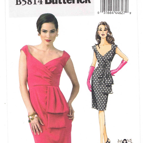 Patterns by Gertie Wiggle Dress Butterick 5814 non coupé/FF Tailles 6-14 Buste 30,5-36 pouces. Robe ajustée avec désossage, cache-cœur, drapé plissé.