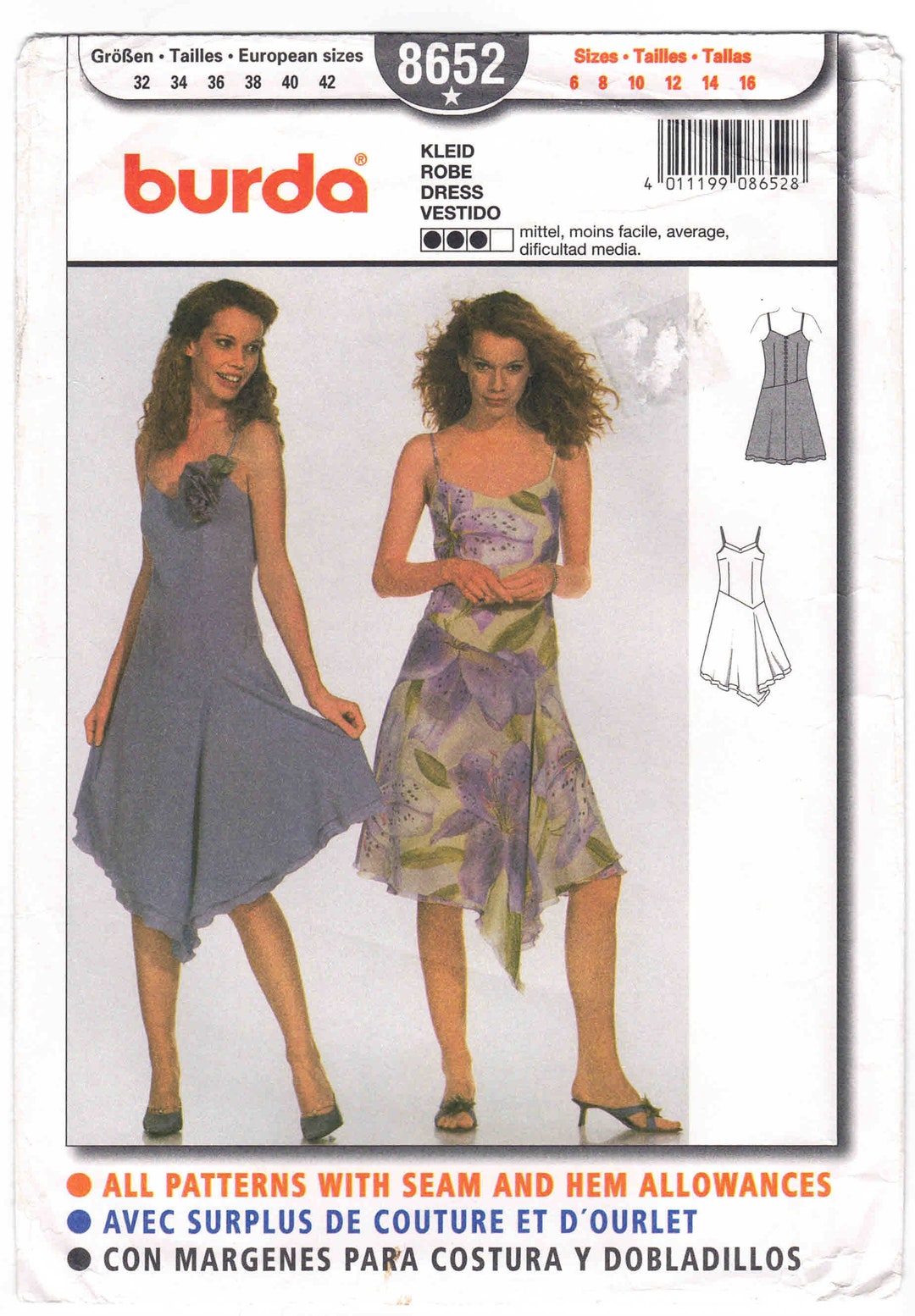 Burda Handkerchief Hem Slip Dress Pattern 8652 Uncut/ff Sizes 616 Bust