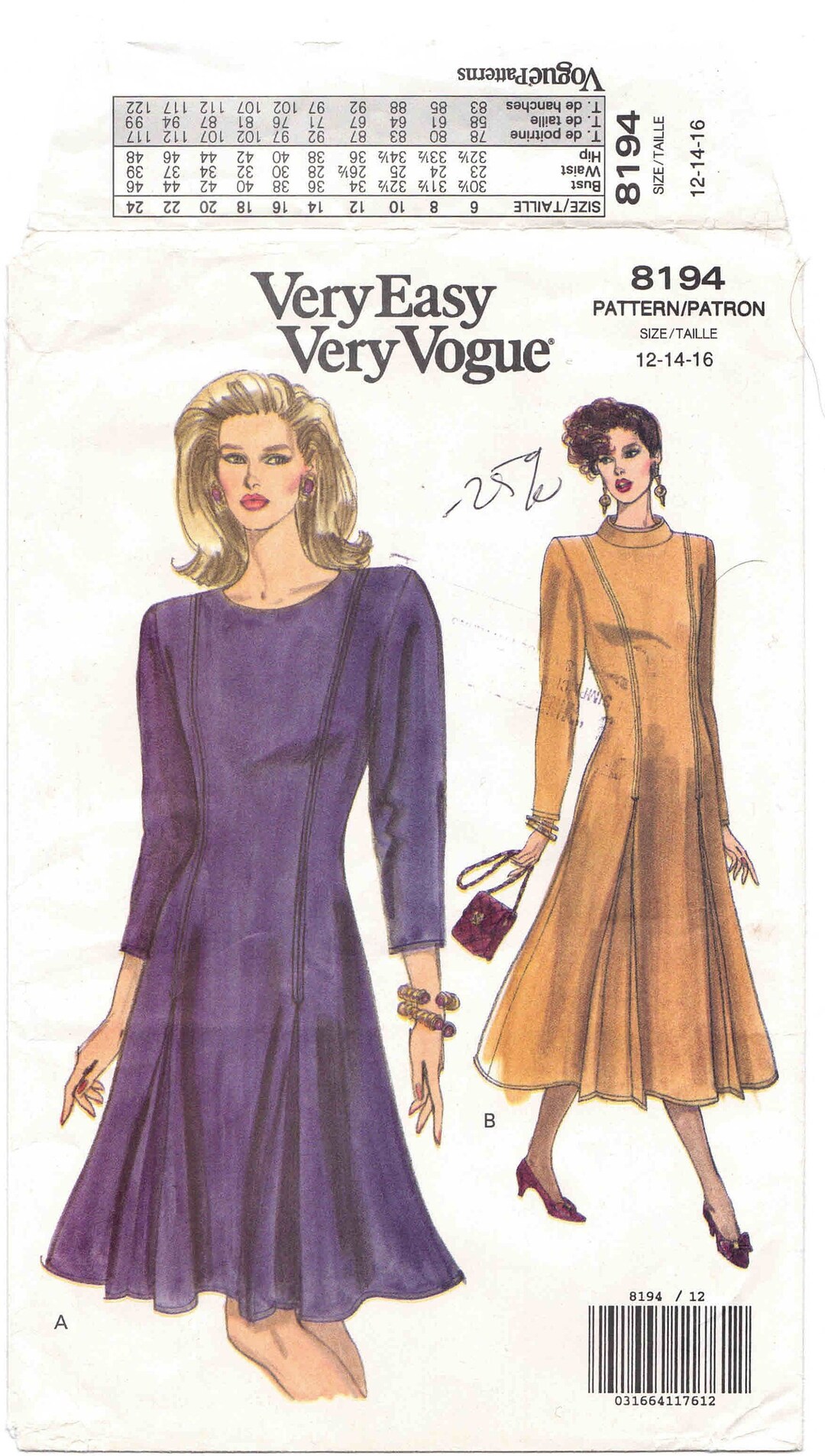 90s Very Easy Vogue Dress Pattern 8194 Uncut Sizes 12-16 Bust - Etsy