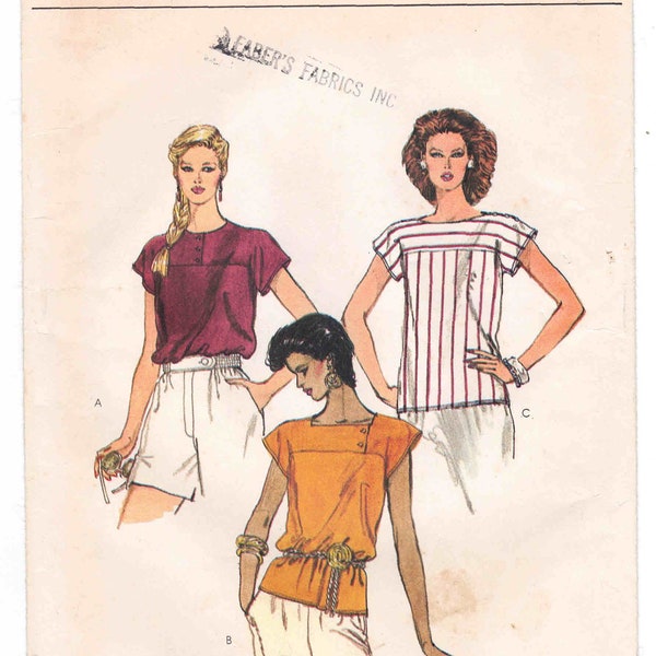 80s Vogue Women's Top/Blouse Pattern 8307 Size 8 Bust 31.5. Buttoned Yoke Neckline, Cap Sleeve, Shoulder Buttons, Asymmetrical Button Yoke.