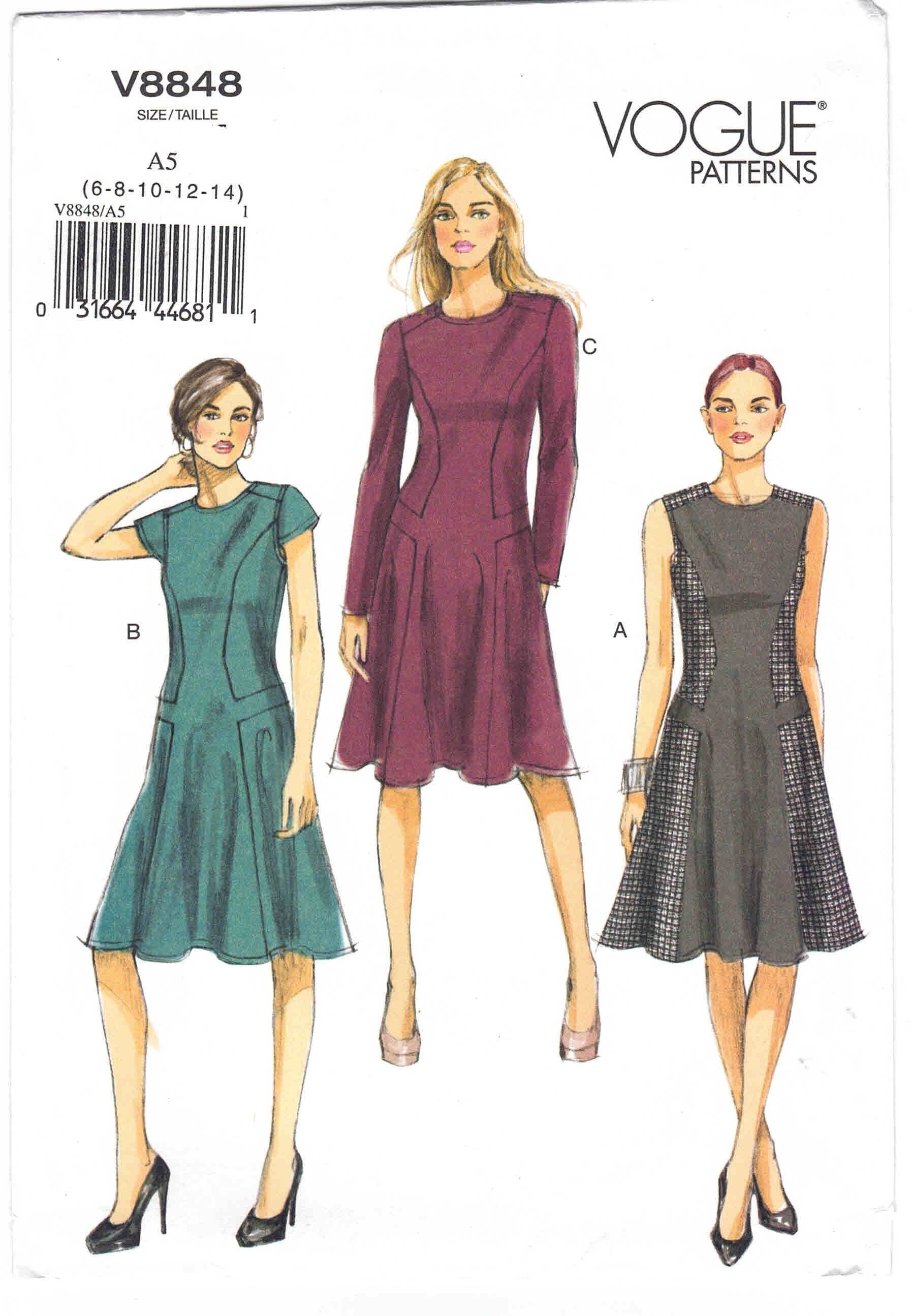 Vogue Fit and Flare Dress Pattern 8848 Uncut Sizes 6-14 Bust 30.5-36 in.  Dress with Seam Detail - Colorblock - Flared Skirt, Sleeve Options.