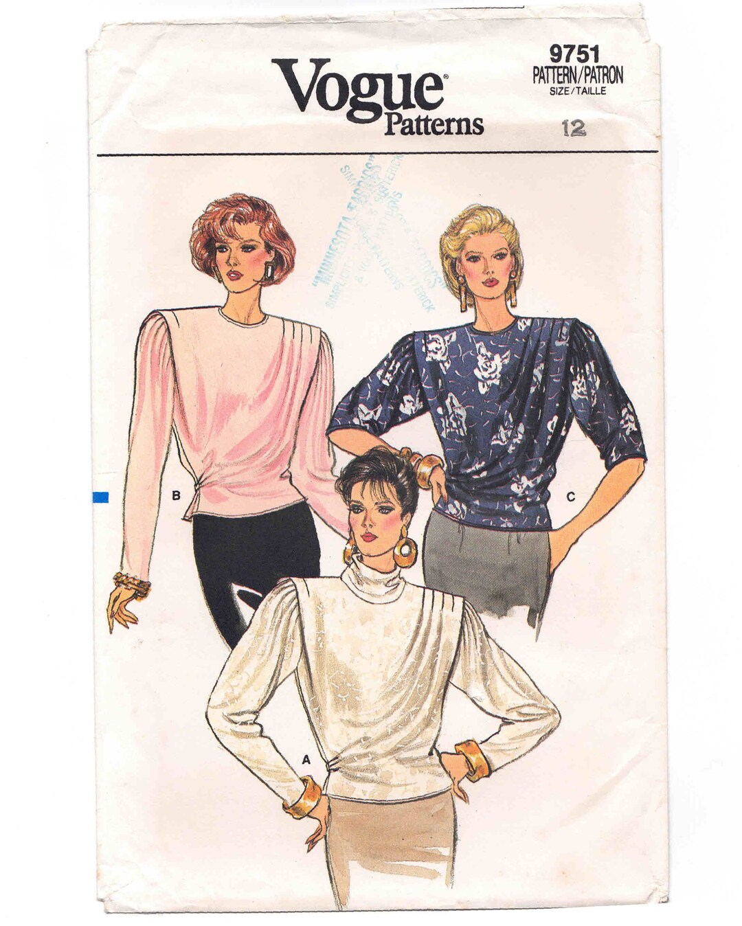 Vogue 9751 Sewing Pattern: 80s Draped Blouse, Size 12 - Etsy