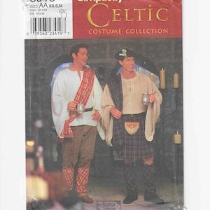 May include: Simplicity pattern number 8913 for a Celtic costume. The pattern includes instructions for making a kilt, shirt, and accessories. The pattern is for sizes XS, S, and M.
