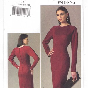 May include: Vogue Patterns sewing pattern for a dress, pattern number V8744, size DD (12-14-16-18). The pattern shows a red dress with long sleeves and a fitted silhouette.