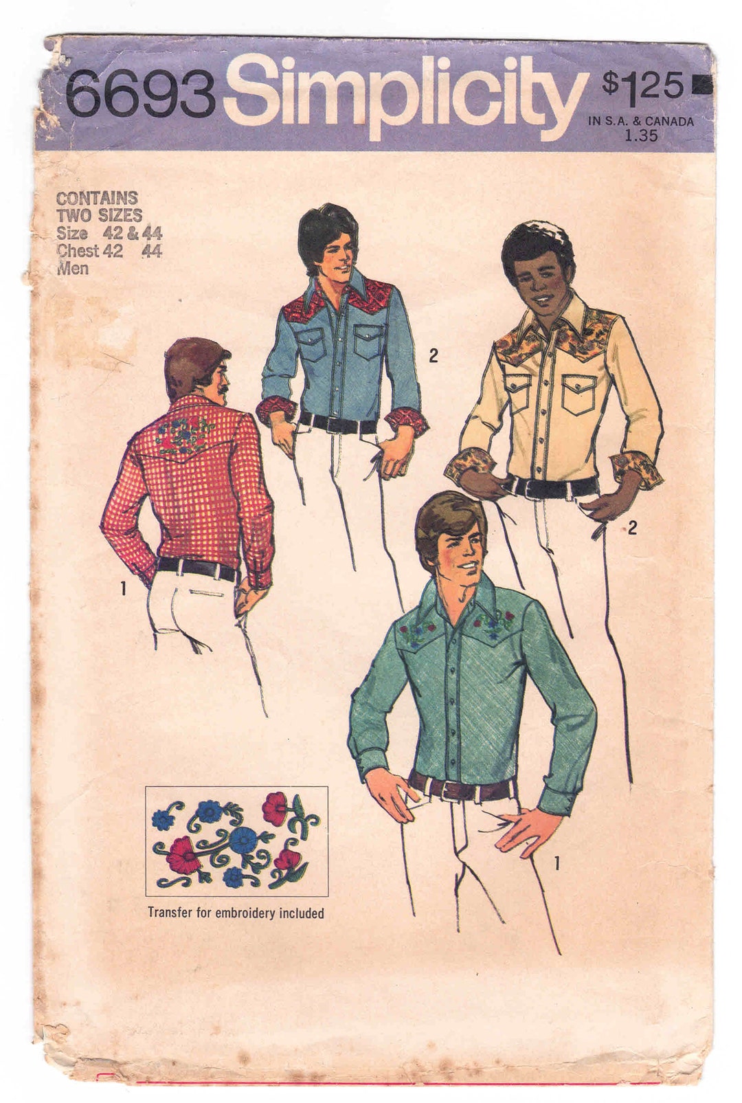 70s Men's Western Shirt Pattern Simplicity 6693 Size 44 - Etsy