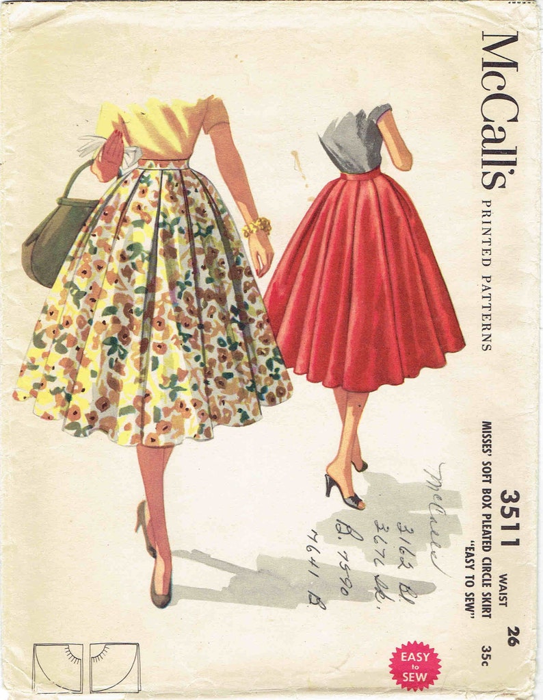 Vintage 1950/'s Sewing Pattern Rockabilly Full Circle Skirt Waist 26/" Hip 36/"