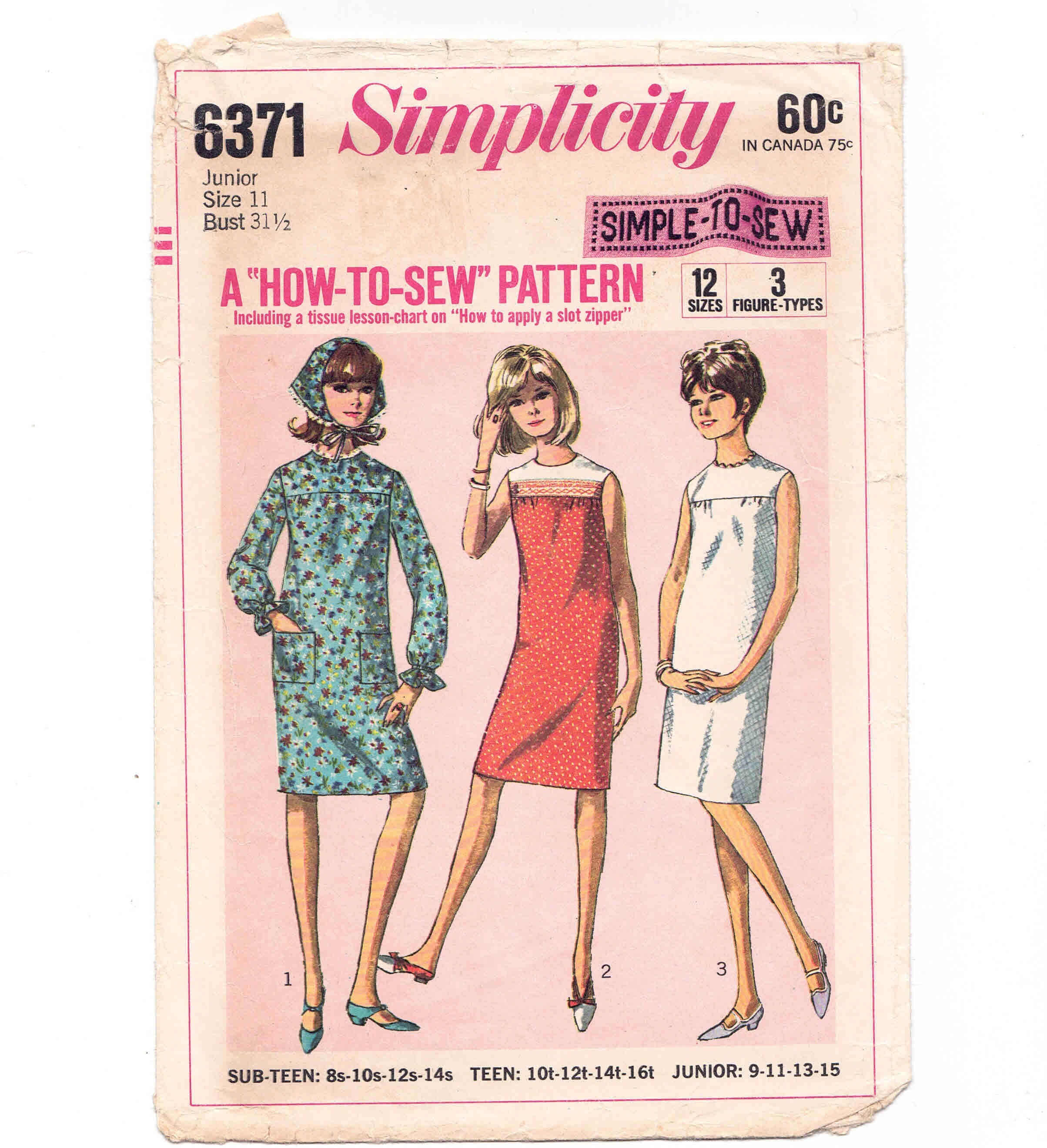 60s "how to Sew" Easy Dress Pattern Simplicity 6371 Junior Size 11 Bust ...