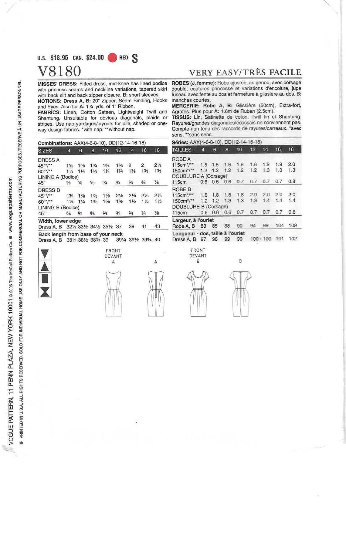 Very Easy Vogue Dress Pattern 8180 Uncut Sizes 12141618. Etsy