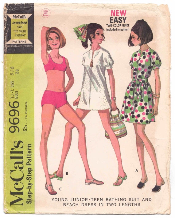 60s Teen Bathing Suit & Beach Dress Pattern Mccall's 9696 Size 5/6 Bust 28. Bikini  Swimsuit and Zip Front Dress W/kimono Puff Sleeve. 