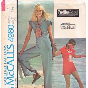 70er-Jahre-Jumpsuit- und Strampler-Muster McCall&#39;s 4980 Größe 10 Büste 32,5. Matrosenkragen mit Schallasche mit Knopfbesatz, Reißverschluss vorne, gerades Bein.