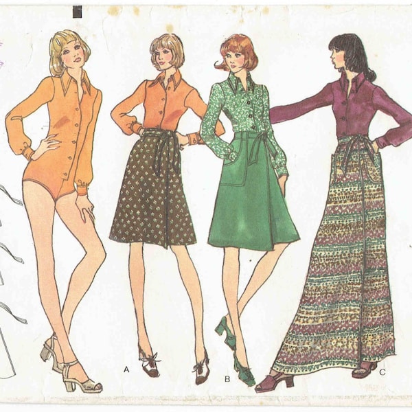 Vogue 70s Bodysuit and Wrap Skirt Pattern 8460. Button Front Bodysuit with Collar and Maxi or Knee Length Wrap Skirt. Size 8 Bust 31.5 in.