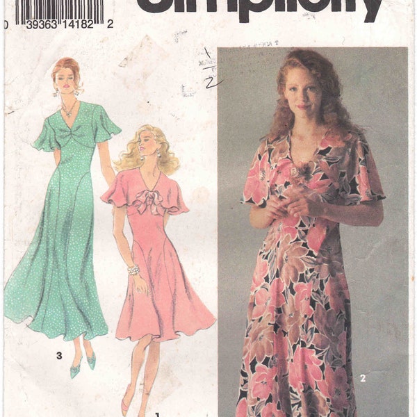 90s Dress Pattern Simplicity 8478 Uncut Sizes 6-8-10. Midi or Knee Length Dress, V-Neck, Pleated at Center Front, Capelet or Flutter Sleeve