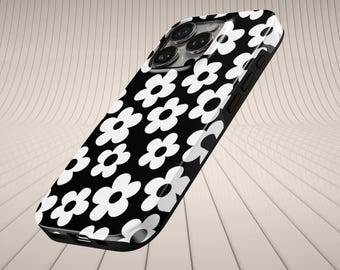 黒白花柄スマホケース　花柄タフカバー　iPhone 17 Pro Max、16e、15、14、13、Samsung S26 Ultra、S25 FE、A57、A56、Pixel 10 9A対応