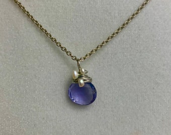 Wire-Wrapped Amethyst Teardrop With Tiny Pearls on 19 Inch Sterling Silver Chain