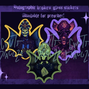 May include: Three holographic broken glass stickers featuring stylised figures in dark attire. The top left sticker has a yellow border, the top right has a purple border, and the bottom centre has a green border. Text reads Holographic broken glass stickers and Available for preorder.