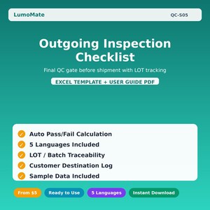 May include: A teal and white graphic with the text "Outgoing Inspection Checklist." Features include auto pass/fail calculation, 5 languages, LOT traceability, customer destination log, and sample data. Includes an Excel template and user guide.