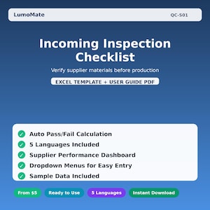 Puede incluir: Una lista de verificación de inspección de entrada digital con el texto "Incoming Inspection Checklist" y "Verify supplier materials before production". Incluye cálculo automático de aprobado/suspenso, 5 idiomas, panel de control de proveedores, menús desplegables y datos de muestra.