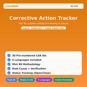Corrective Action Tracker Excel Template | Mini 8D CAR Log | Root Cause Analysis | 5 Languages QC/QA Tool + Guide