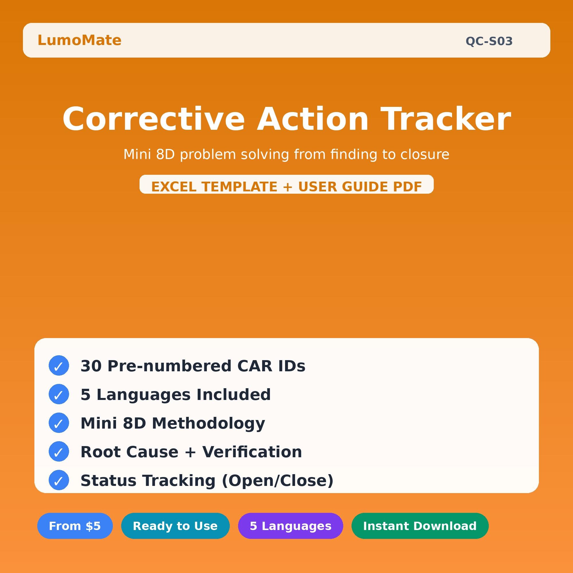 Corrective Action Tracker Excel Template | 8D Report CAPA Log | Quality ...