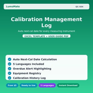 Może przedstawiać: Zielona grafika z tekstem "Calibration Management Log" i "Auto next-cal date for every measuring instrument." Zawiera automatyczne obliczanie, 5 języków, powiadomienia o przeterminowaniu, rejestr sprzętu i historię kalibracji.
