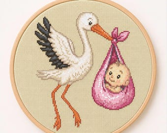 Stork med babybunt korsstygnsmönster PDF, babyshower DIY-present