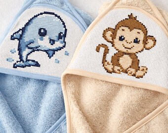 Zestaw wzorów do haftu krzyżykowego „Zwierzątka”, dekoracja pokoju dziecięcego (do pobrania w formacie PDF), wzór na ręcznik z kapturem