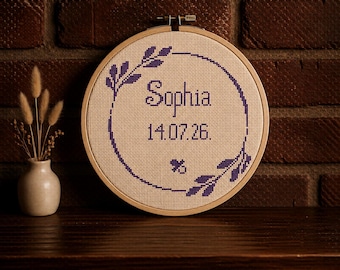 Patrón de punto de cruz personalizado para anuncio de nacimiento de bebé en PDF, decoración infantil DIY