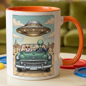 Retro Alien and Corgi Mug Vintage UFO Sci Fi Dog Ceramic Coffee Cup Cool Space Cowboy Graphic Mug Cute Aesthetic Spaceship Driving Gift