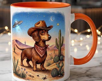 Cute Cowboy Dachshund Coffee Mug, Western Wiener Dog Ceramic Cup, Space UFO Desert Art, Funny Sausage Dog Lover Gift, Accent Mug