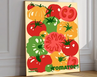Tomatoes Wandkunst, Buntes Gemüse Küchen Poster, Retro Bauernhaus Illustration