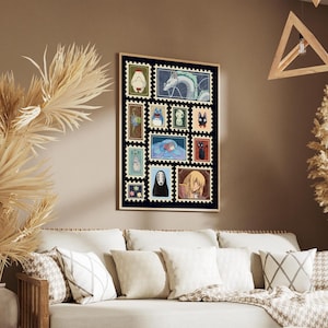 May include: A framed art print featuring a collection of colorful postage stamp designs. The stamps depict various characters and scenes, including a dragon, a girl in a blue dress, and a black cat. The artwork is set against a dark blue background.