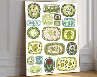 Salbeigrüne botanische Kunstdruck, Cottagecore Folk Poster, Erdfarbene Blumenillustration