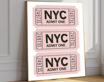NYC Admit One Ticket Print, rosa Poster, New York Travel Decor