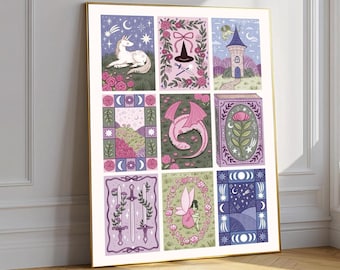 Fantasy Kunstdruck, mystische Collage, Cottagecore Poster, Einhorn-Drachen-Fee-Wand-Dekor