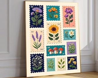 Botanische Stempel Poster, Pilz Blumen Wandbild, Cottagecore Natur Collage (Ungerahmt)
