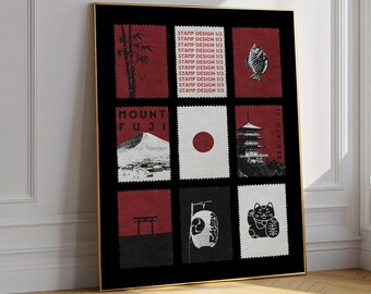 Japanische Briefmarke Poster, Berg Fuji, Glückskatze, Pagode Wand Kunst (Ungerahmt)