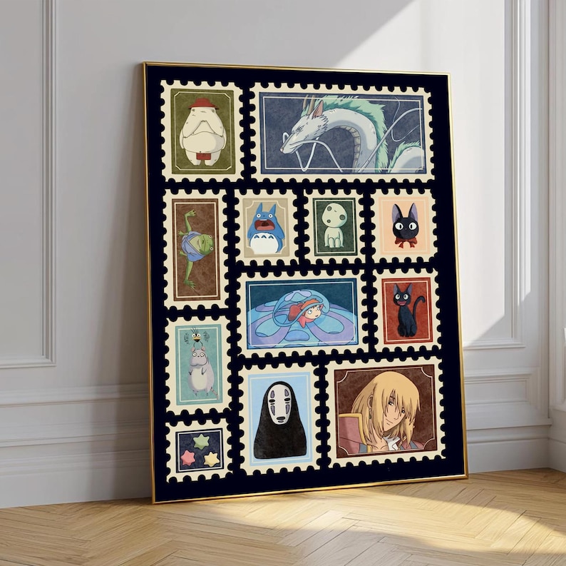 May include: A framed art print featuring a collection of anime-style postage stamps. The stamps showcase various characters in a variety of colors, including a white dragon, a blue Totoro, and a black cat. The frame is gold.