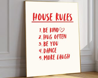 House Rules Print, Be Kind Hug Oft, minimalistisches Familienzitat-Plakat