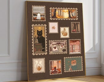Herbst Stempel Kunstdruck, Gruselige Halloween Geist Katze Poster, Herbst Dekor
