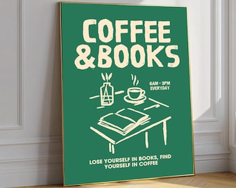 Kaffee und Bücher Poster, gemütliches Café Wandkunst, Leseecke Druck