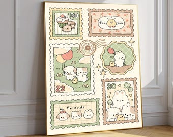 Kawaii Stempel Kunstdruck, Pastell Kinderzimmer Dekor, Tier Poster