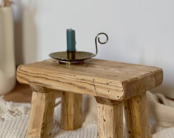 Rustic Wooden Stool, Small Farmhouse Hocker, Solid Wood Seat