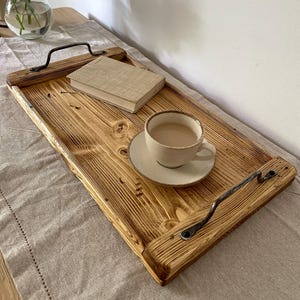 Large Rustic Wooden Serving Tray, Hand Forged Handles, Breakfast Coffee Table Tray image 4