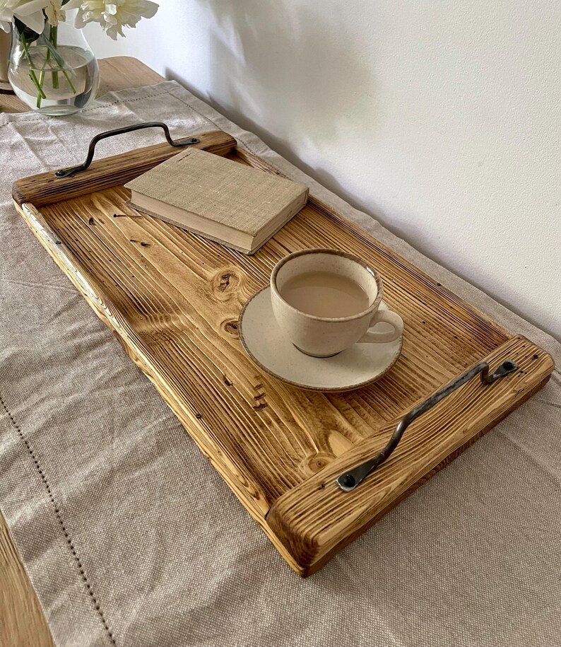 Large Rustic Wooden Serving Tray, Hand Forged Handles, Breakfast Coffee Table Tray image 4