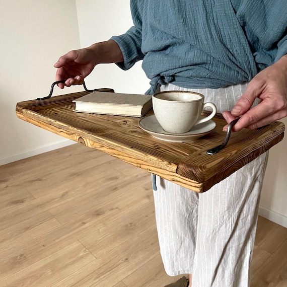 Large Rustic Wooden Serving Tray, Hand Forged Handles, Breakfast Coffee Table Tray