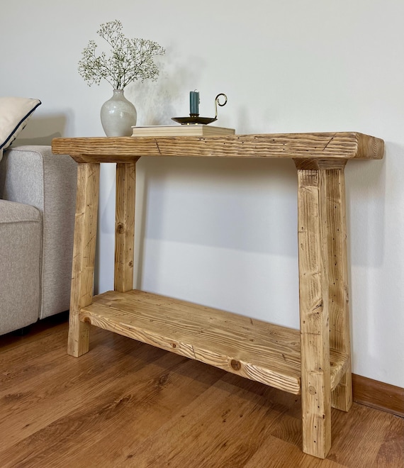 Schmaler Konsolentisch 80cm mit Ablage, Sofatisch, Eingangsbereich, Flur Rustikales Holz, Handgefertigt