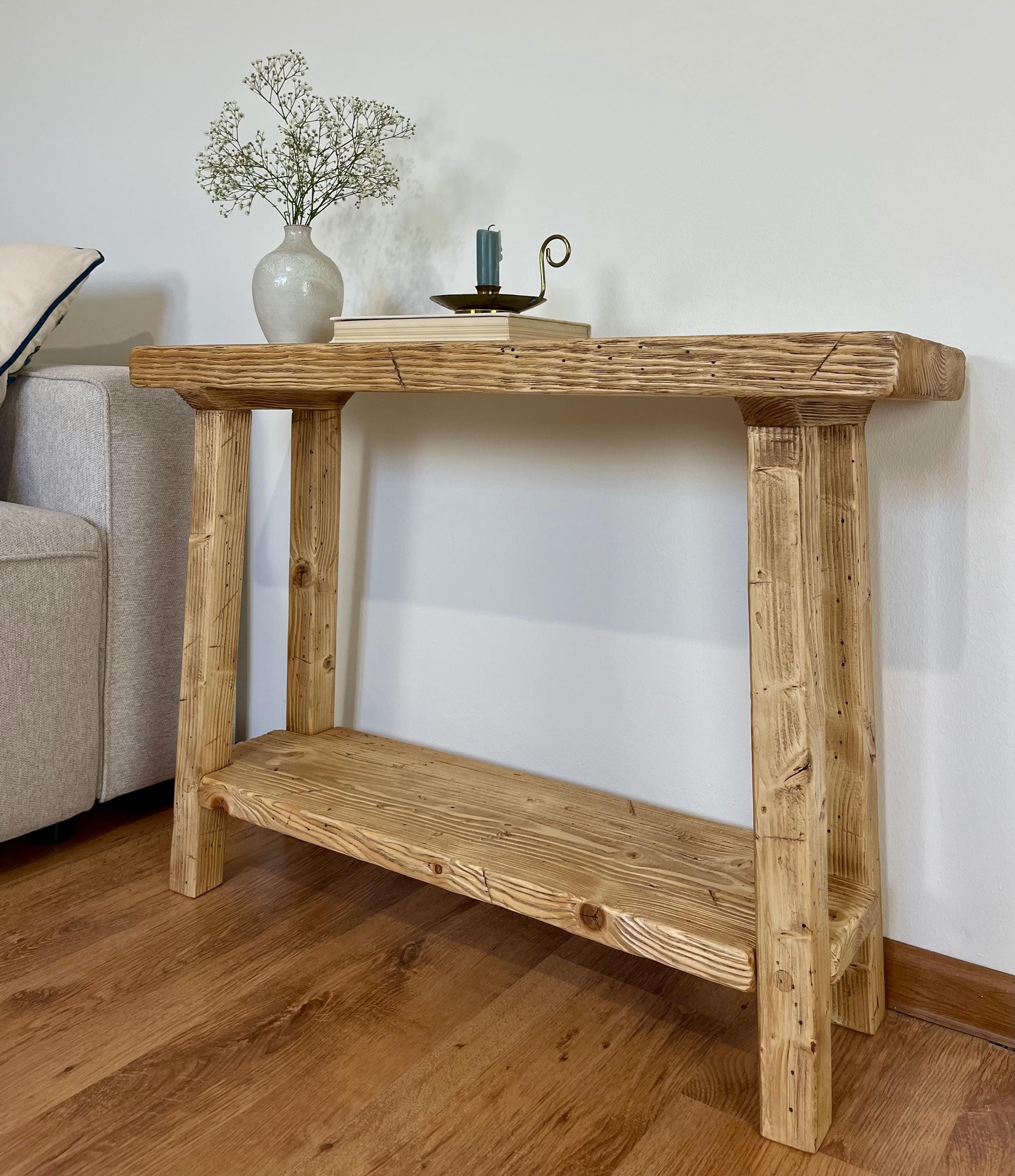 Schmaler Konsolentisch 80cm mit Ablage, Sofatisch, Eingangsbereich, Flur Rustikales Holz, Handgefertigt